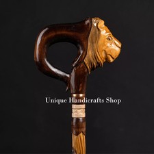 Lion handle wooden walking stick hand carved for men women walking cane animal