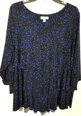 Susan Graver Women Layered Geometric Print Blouse Top Sz 2X Jersey  Blue Black