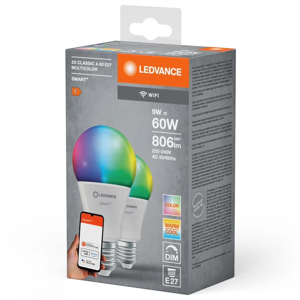 2 x Ledvance Smart+ LED A60 Birne 9W = 60W E27 RGBW 2700K-6500K Dimmbar App WiFi - Bild 4 von 4