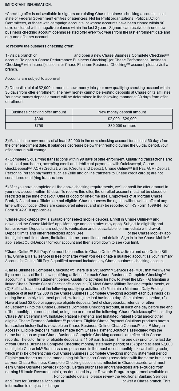 CHASE 750 Bonus BUSINESS CHECKING coupon code promo bank 300 promotion