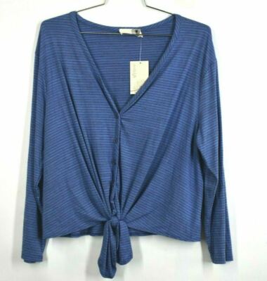 Everleigh Womens Blue Button Front 3/4 Knit Sleeves Tie Hem V-Neck Stripe Top