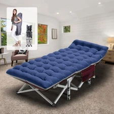 H&ZT Folding Camping Cot Heavy Duty Sleeping Bed w/ Blue Mattress for Office Use