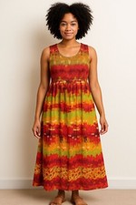 Sleeveless Boho Maxi Dress With Red & Yellow Tie-Dye Pattern 100% Rayon Womens S