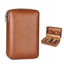 Galiner Cedar Travel Cigar Humidor Case Leather Cigar Box Tube Tobacco Brown