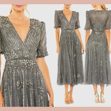 NWT Mac Duggal [ 14 ] 5995 Puff Quarter Length Sleeve V Neck Dress Pewter J1047