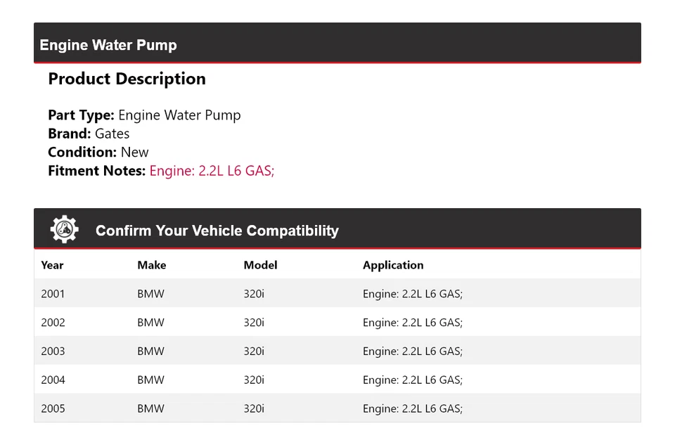Para BMW 320i 2001-2005 2,2 L L6 Motor Gas Bomba Agua Puertas 2002 2003 2004 Foto 2 de 4