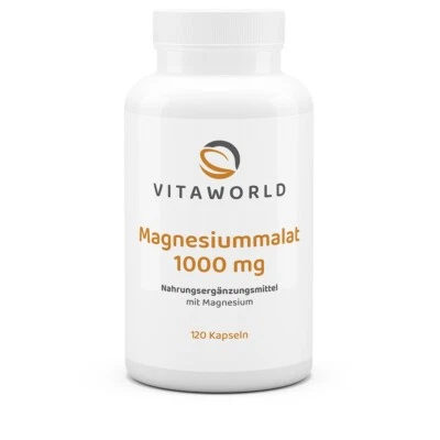 Vita World Magnesiummalat 1000mg 120 Kapseln Hochdosiert Vegan Made in Germany