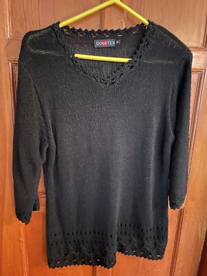 Domitex Pullover V-Neck Black Sweater with Crochet Lace Trim Cotton Blend SZ XL
