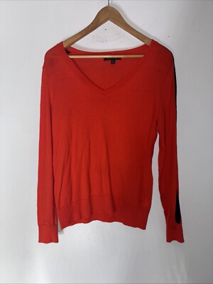 banana republic Medium Red Merino Wool V Neck Sweater Navy Stripe Down Sleeve