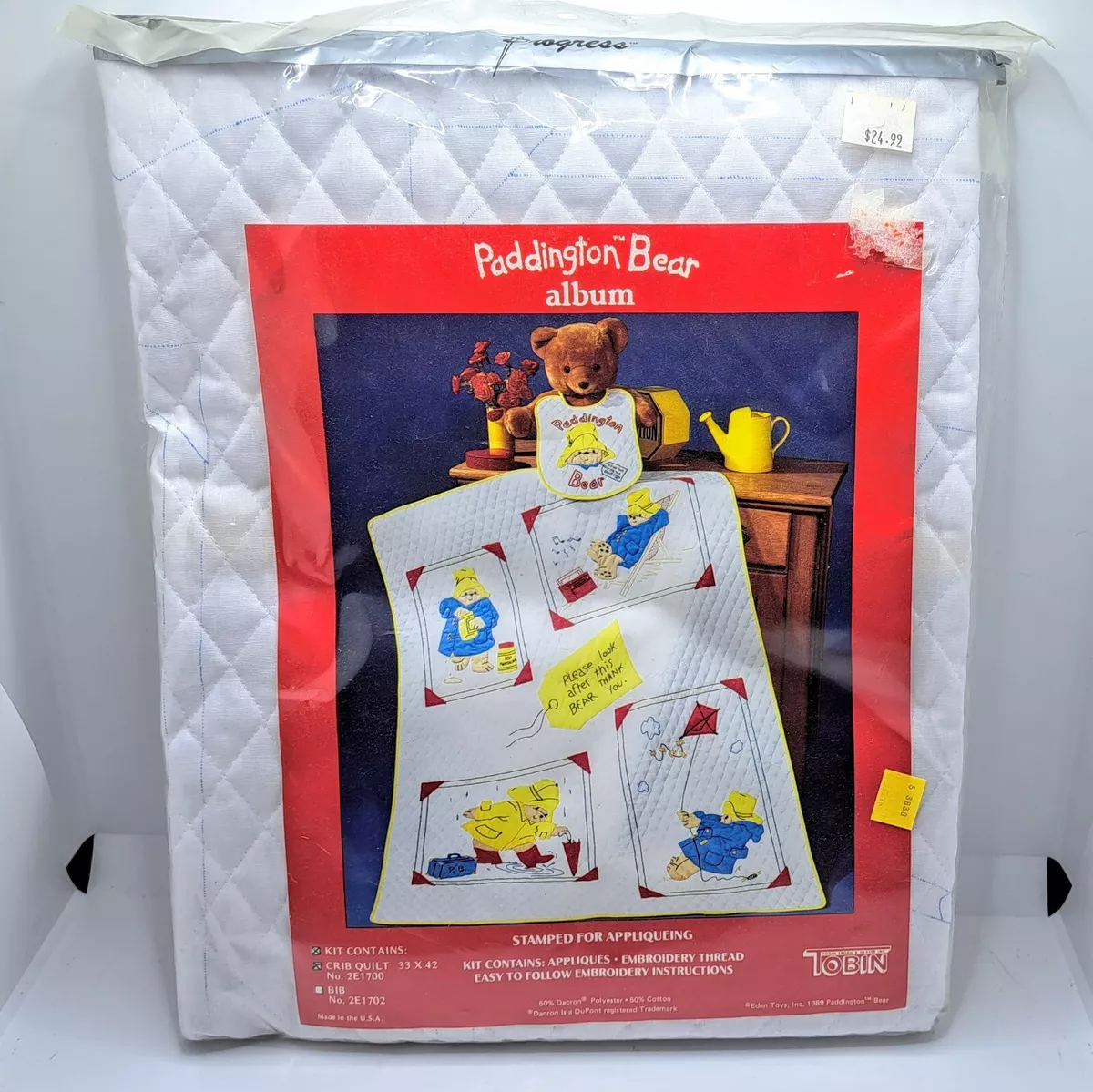 New 1989 Paddington Bear Baby Blanket Crib Quilt Kit Applique Embroidery TOBIN