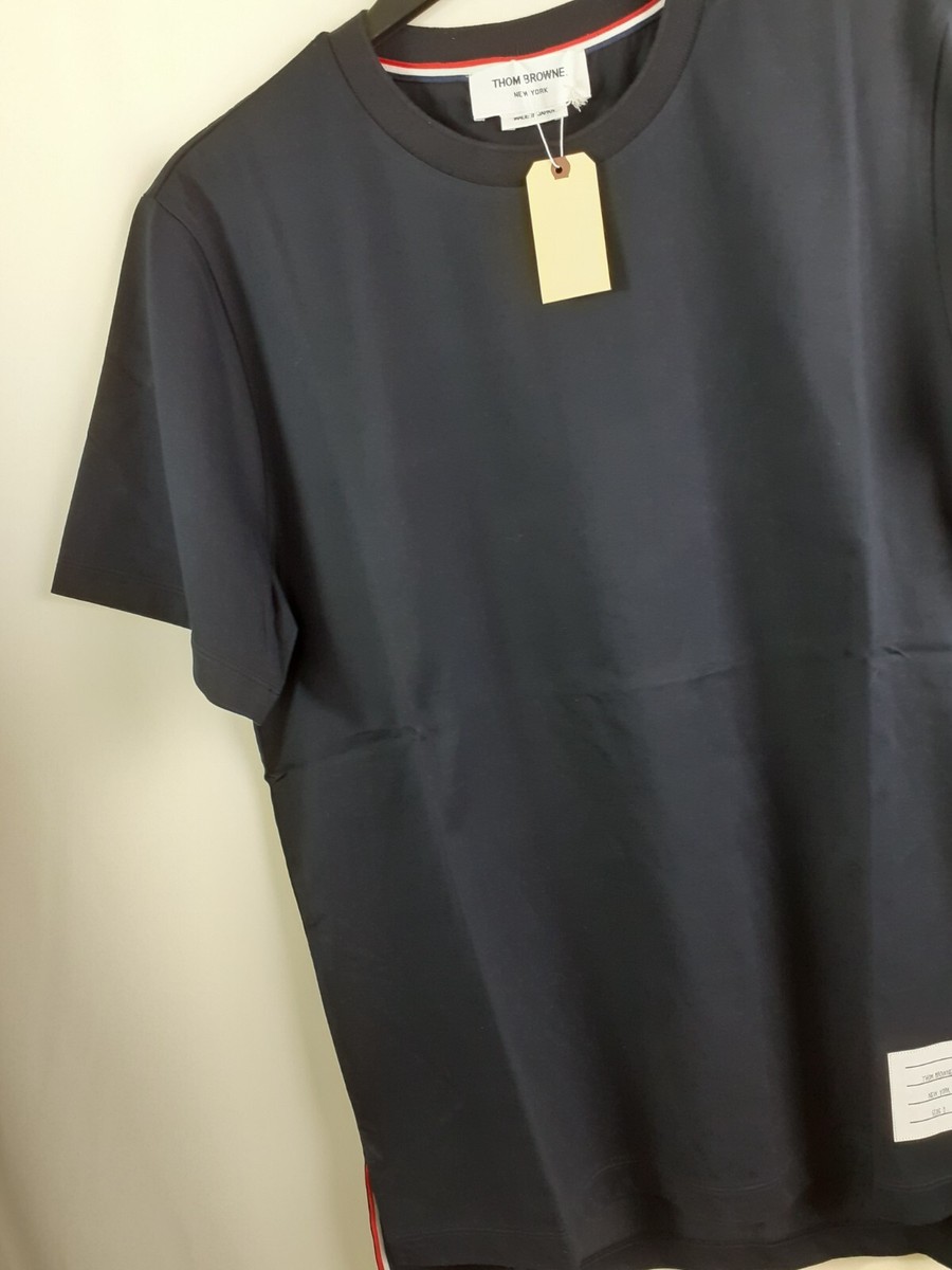 THOM BROWNE ストライフ クルネック Tシャツ MJS244AJ0115 825 Thom Browne men's Jersey Relaxed Side Slit Tee, navy size 4