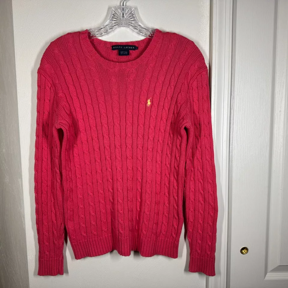Ralph Lauren毛衣女式小号粉色黄色小马电缆针织标志棉质 — 第 2/4 张图片