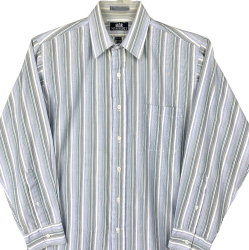 STAFFORD Single Needle Tailoring LS Dress Shirt Mens 15.5/33 Blue White Stripe - Picture 3 of 13