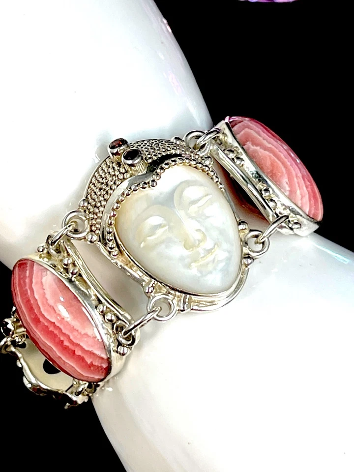PULSERA SAJEN DIOSA RODOCROSITA ENCAJE PIEDRA LUNAR FIBRA ÓPTICA TALLADA ESTERLINA Foto 3 de 4