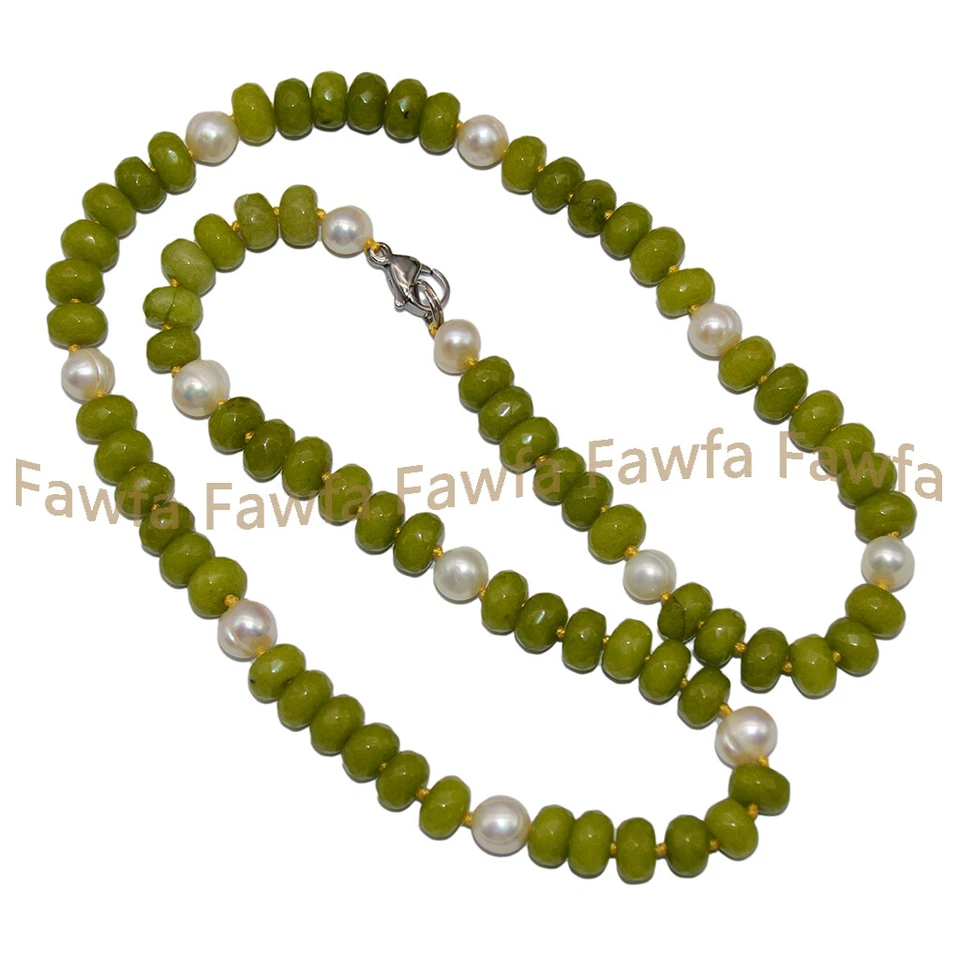 5x8mm Faceted Green Peridot Rondelle Gemstone Beads 7-8mm White Pearl Necklace - Image 4 of 4