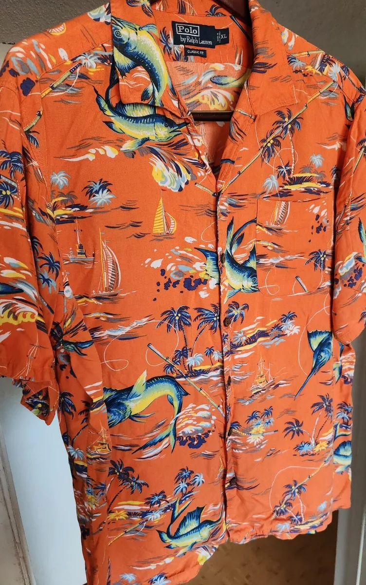 Polo Sport Ralph Lauren Hawaiian S/S Shirt Men's XL Orange Fishing Marlin &  Palm