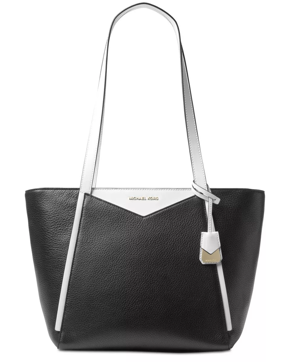 Michael Kors M Tote Small Leather Top Zip Tote Bag Black Optic White