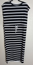 Womens Large Black White Striped Sleeveless Midi Dress Cover Up Beach Travel