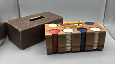 Vtg Antique 1940s Wood and Bakelite Poker Chip Carrier Set w Cover Card Games