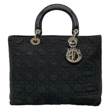 Auth DIOR/ChristianDior Lady Dior Large Bag Black Nylon Leather Handbag