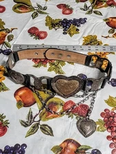 VTG Streets Ahead Mia Heart Belt Black Croc Leather Concho Chain Rock Star 28" S