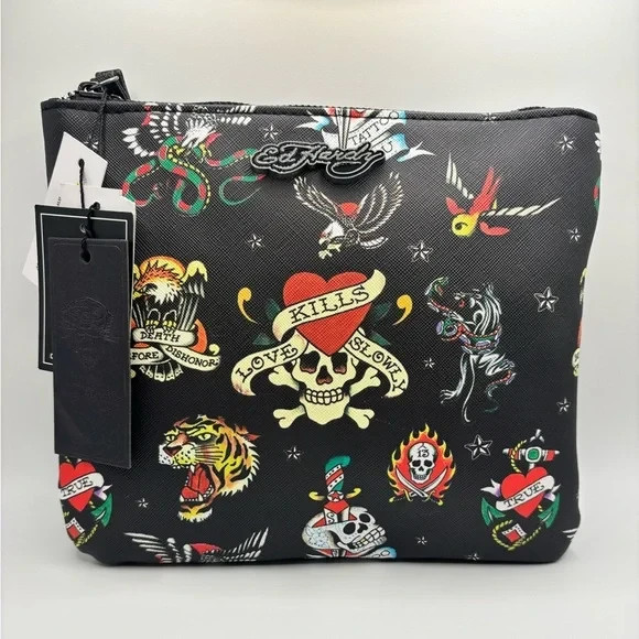 NWT Ed Hardy Tattoo Flash Zip Wristlet Pouch Skull Tiger Black Y2K