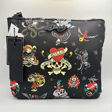 NWT Ed Hardy Tattoo Flash Zip Wristlet Pouch Skull Tiger Black Y2K