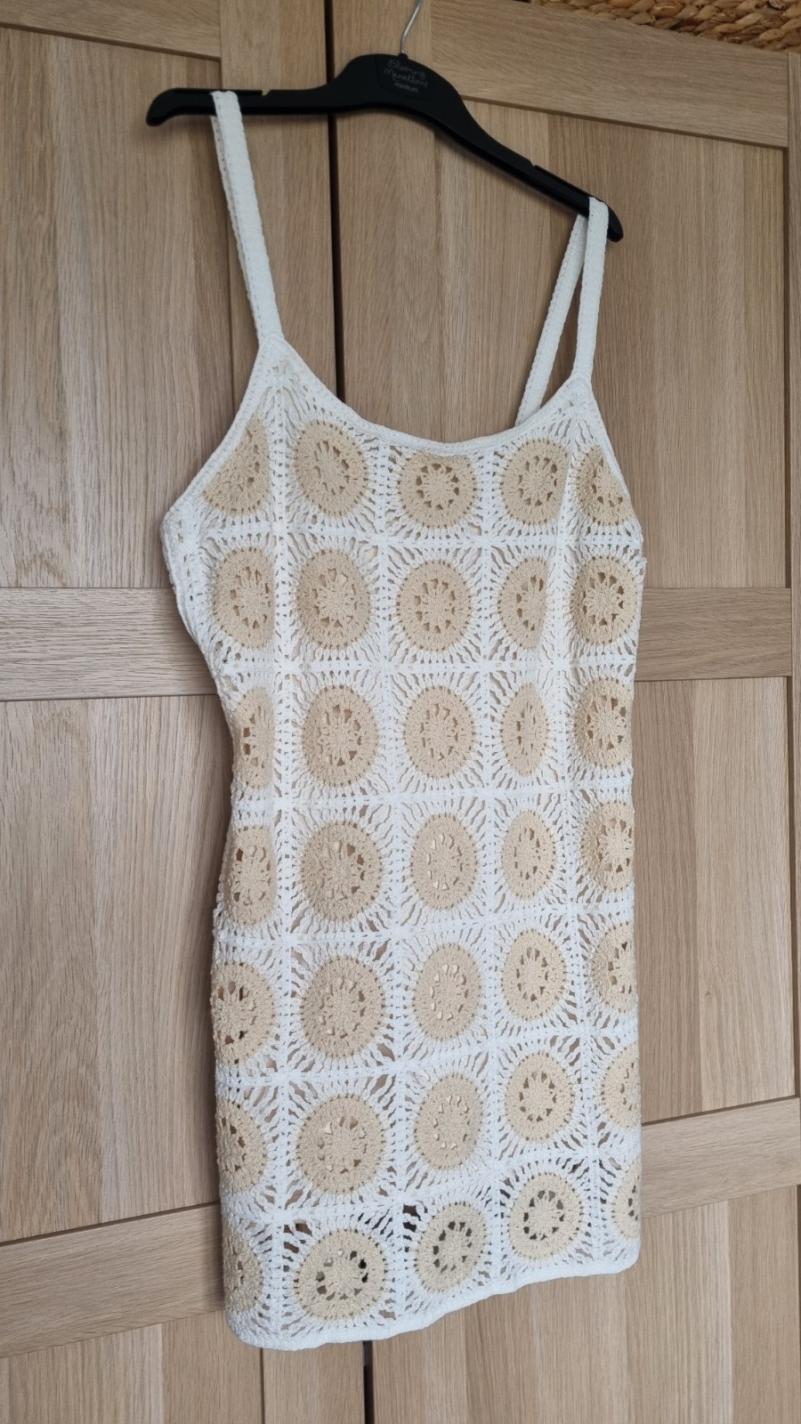Nuevo con etiquetas Vestido Corto Zara Crochet Granny Cuadrado Forrado Crema Beige Retro Años 60 L GRANDE