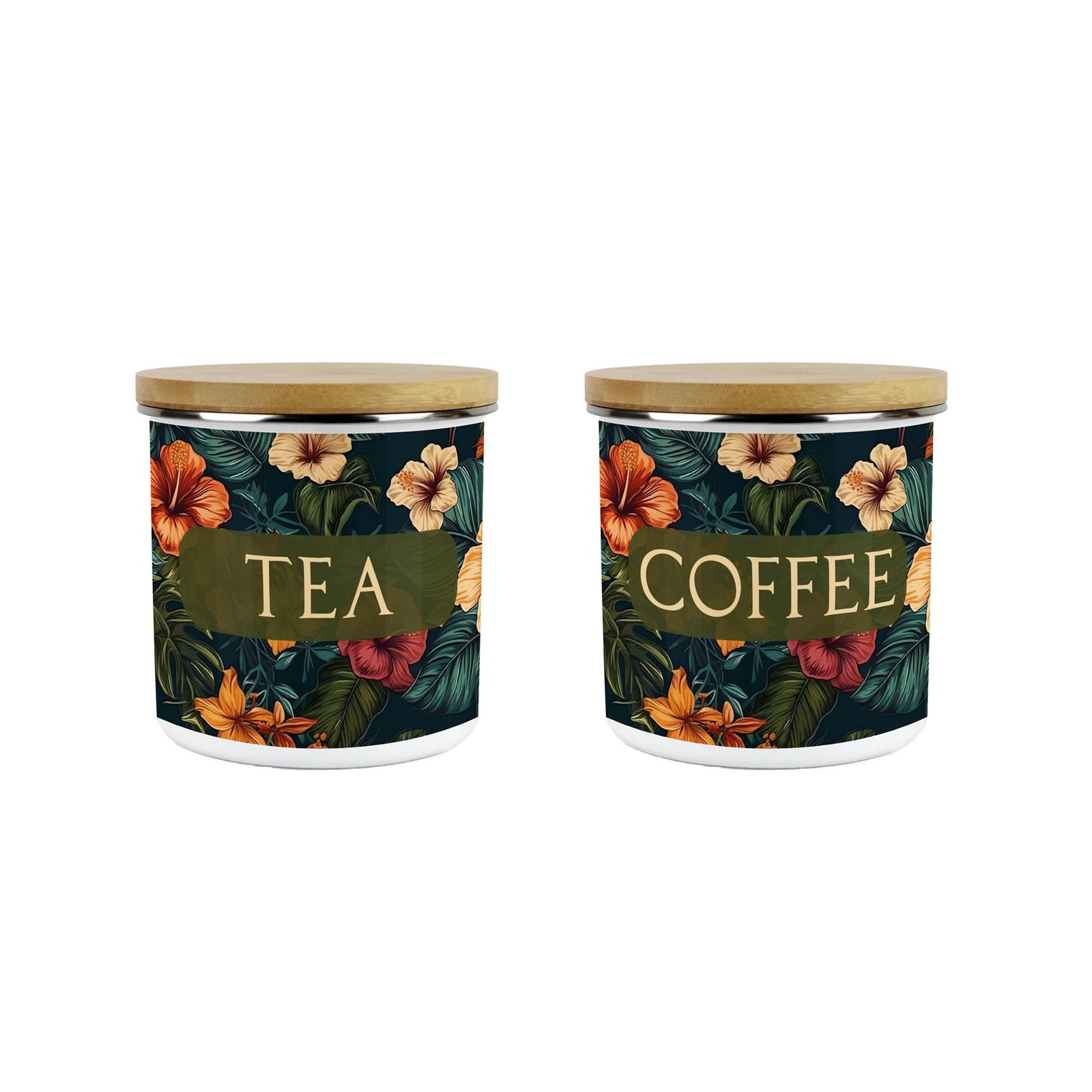 Dark Hibiscus Tea & Coffee 600ml Canisters Set - Floral Patterned Kitchen Gifts