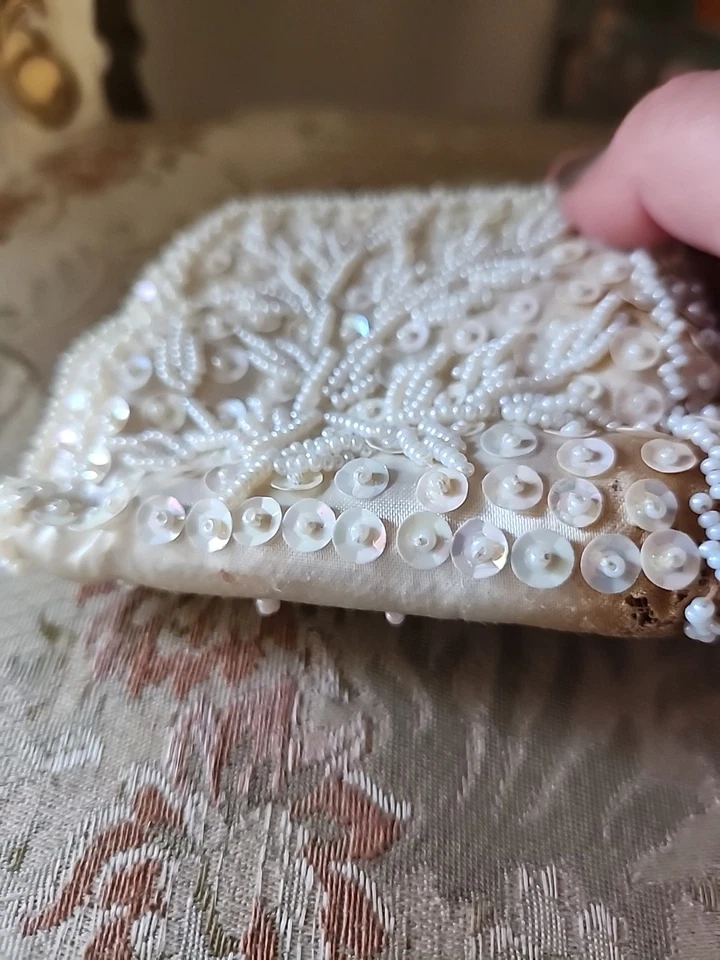 Tiny Vintage Clutch Coin Purse Aurora Borealis Sequins MCM Satin 1940s 1950s  - Image 4 of 4