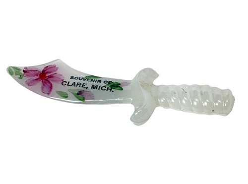 CLARE MICHIGAN MI Antique Depression Glass Souvenir TRINKET KNIFE PAINTED SWORD