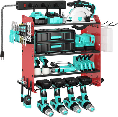 4 Layer Heavy Duty Power Tool Organizer Wall Mount with Charging Station, Adjust