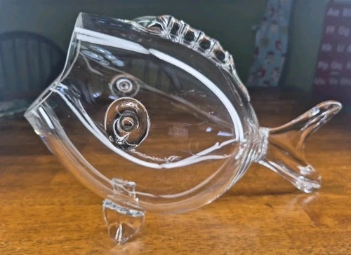 Vtg Mid Century Blenko Style Art Glass Hand Blown Clear Fish Vase Bowl Terrarium