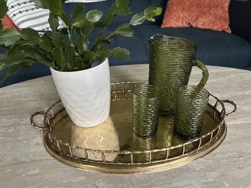 VTG MCM Hollywood Regency Brass Faux Bamboo Oval Serving Tray w/Handles 19 x 11