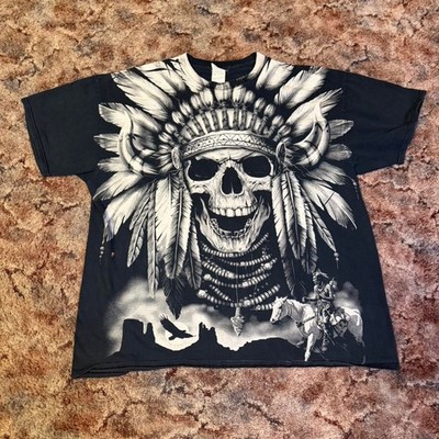 Y2K Skull Native American AOP Grunge Biker Tee Size XL