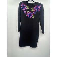 Carole Little Beaded Floral Dress Medium Black Shoulder Pads Artsy 90s Party