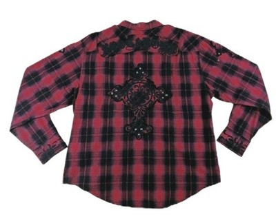 Rock & Roll Cowboy Western Shirt XXL 2XL Red Black Plaid Snap Up Long Sleeve