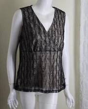 NWT AB Studio Sz L Black Lace Nude Overlay Beautiful Blouse Wrap Top Shirt