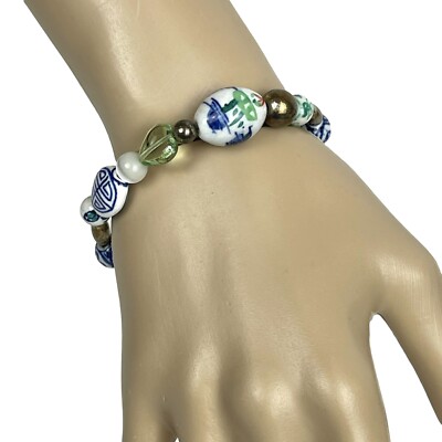 Jordan Sterling Silver Art Painted Glass Beads Floral Bracelet Asian 7