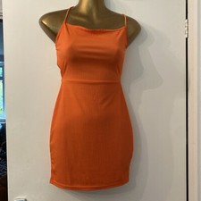 NEW Women’s Orange Dress Backless Pretty Little Thing Sz 8 Ribbed Laced BODYCON