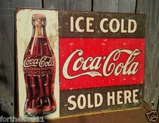 Vintage Coca Cola Sign Tin Metal Soda Pop Bottle Advertising Ice Cold Sold Here