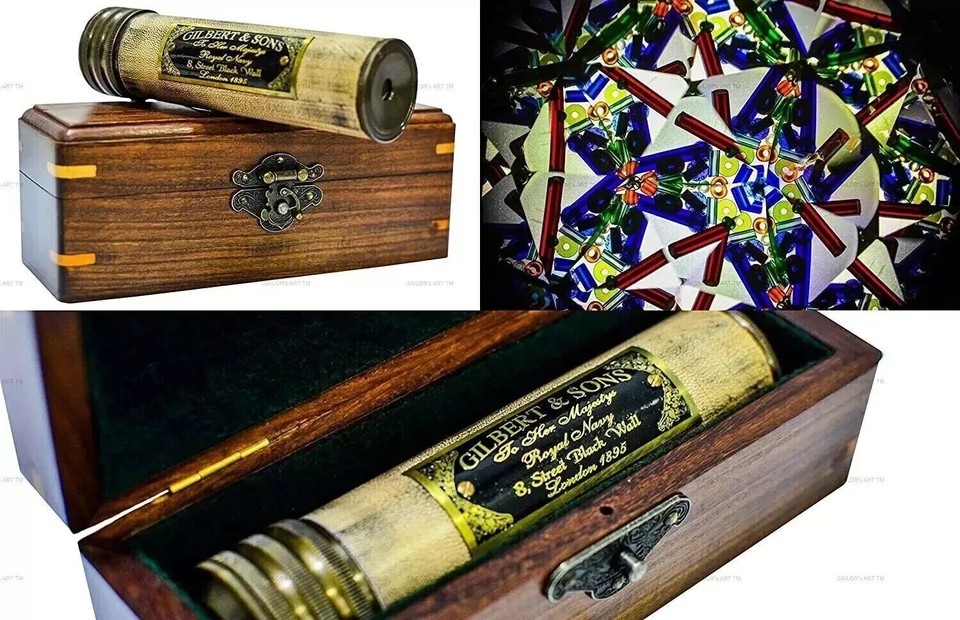 Hand-turned brass kaleidoscope with antique patina finish, packaged in its own wooden gift box — a complete, ready-to-gift optical heirloom piece.