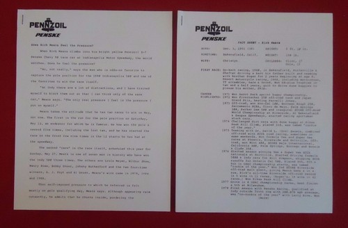 1990 Pennzoil Penske Rick Mears INDIANAPOLIS 500 Indy Car Press Kit - Rare - 第 4/5 張圖片