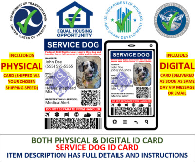 SERVICE DOG ID CARD ADA CUSTOMIZABLE 1 SIDED - PHYSICAL & DIGITAL CARD