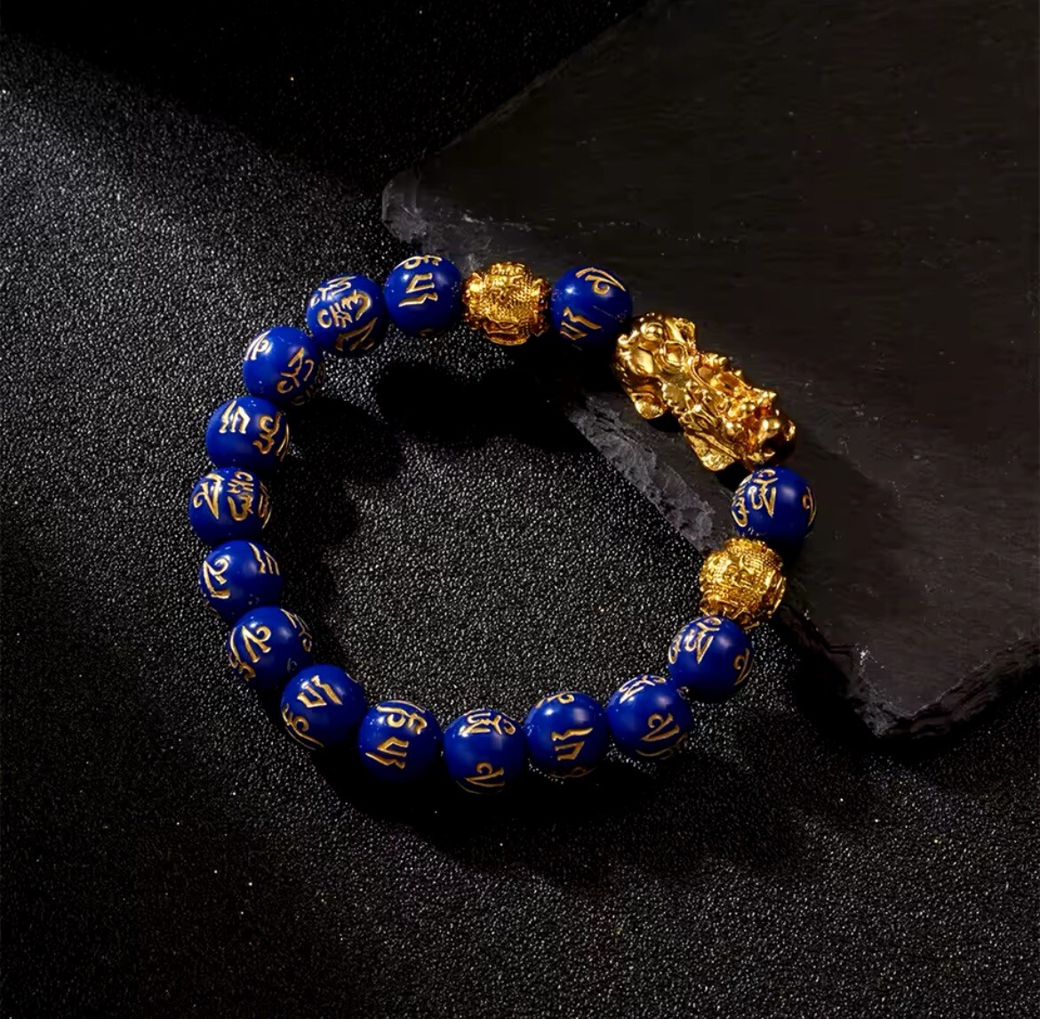 Feng Shui Blue Gold PiXiu Bracelet for Wealth Luck Jewellery Gift