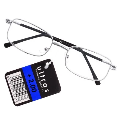 ULTRAS READING GLASSES +2.0 Long Sighted Eye Prescription Silver Metal Square Women/Men