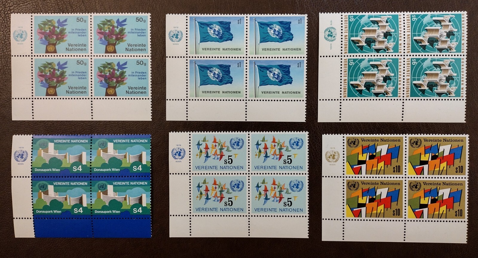 UN VIENNA 1979 Inscription Plate Blocks Sc 1-6 Initial Year Set MNH ...
