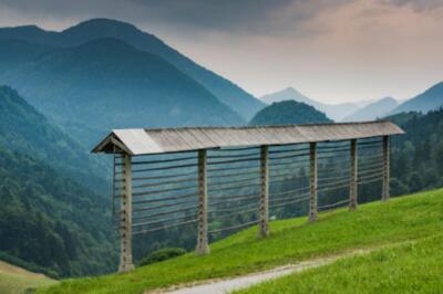 Wandbild: Heuharfe auf einer Wiese in den slowenischen Bergen, [...]