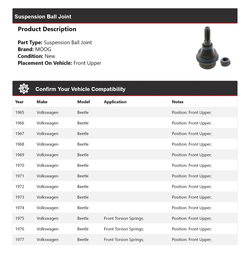 Rótula de suspensión delantera superior MOOG 1965-1977 Volkswagen Beetle 1965 1966 Foto 2 de 4