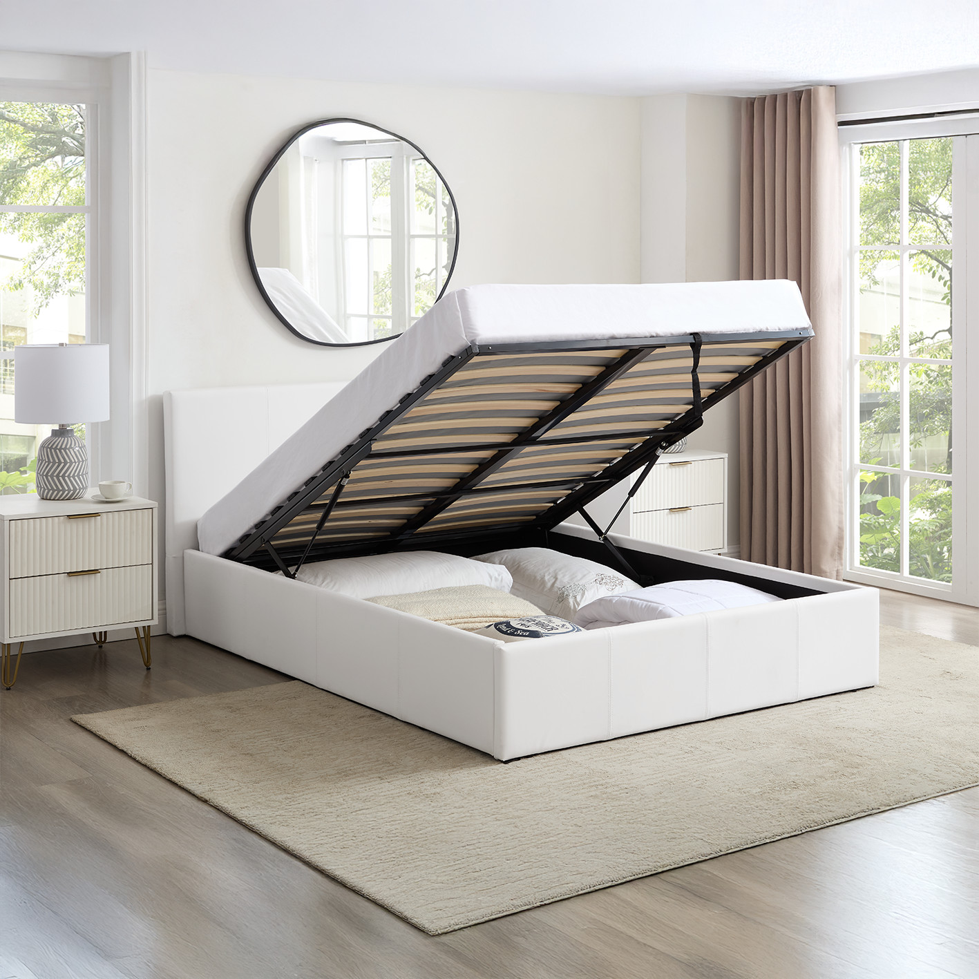 LUNA 5FT Kingsize Ottoman Bed White Faux Leather Gas Lift Storage Frame